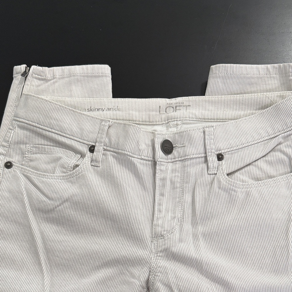 LOFT White Pinstripe Skinny Ankle Jeans with Zipper Cuff Accent